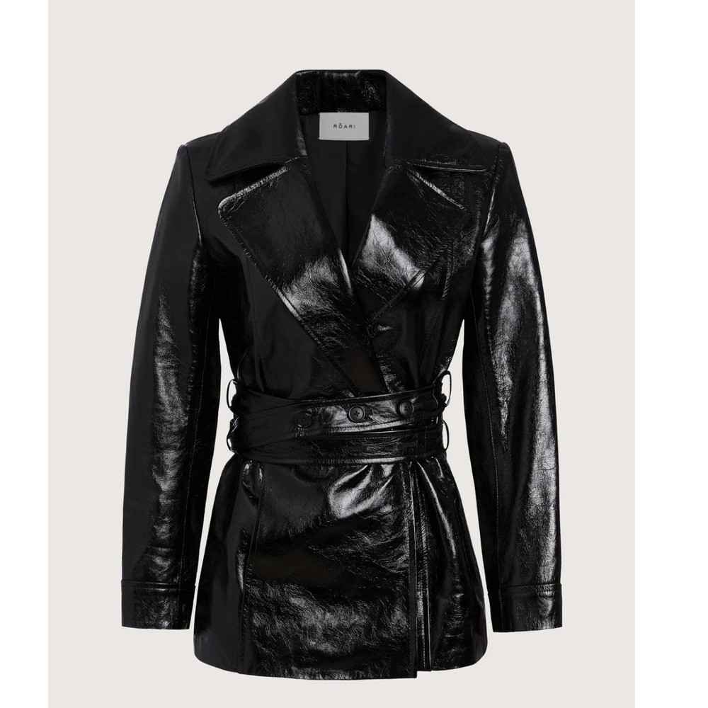 $980 ROARI‎ Kennedy Trench Black Glazed Cow Leather Womens S Belted NYC USA Made